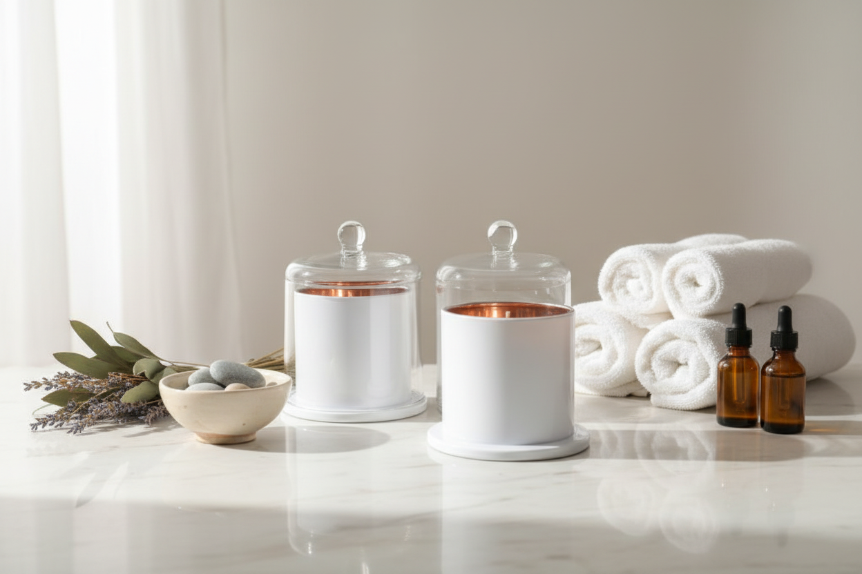 Glassware Imports for Candle Jars and Supplies. Glass jars, and bottles on a marble surface with a neutral background