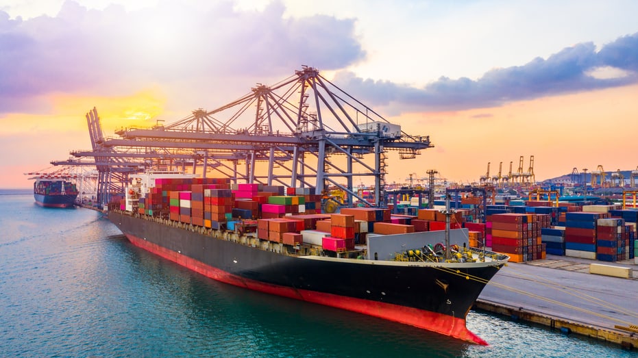 aerial view container ship carrying container in import export b