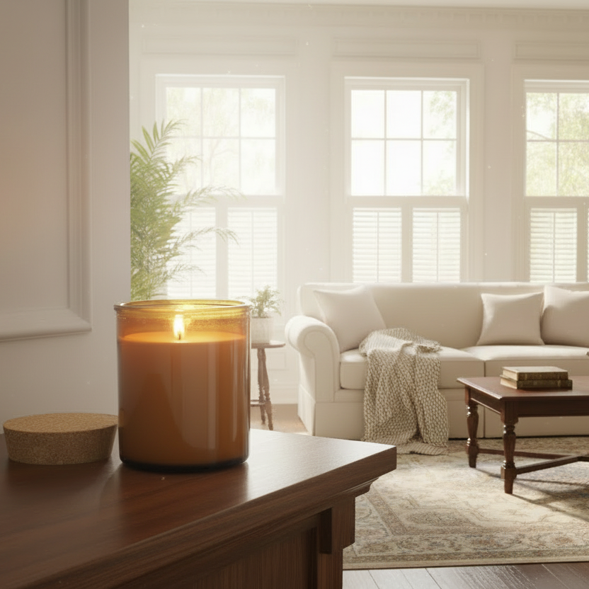 Living room with a candle on a table, a couch, and large windows.