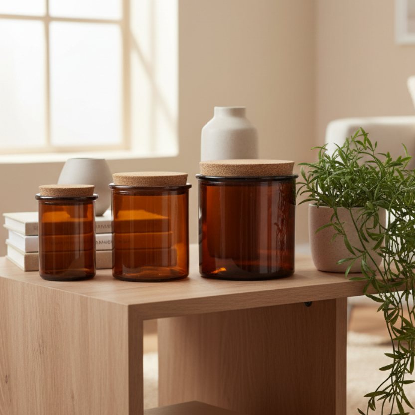 Amber candle jars with cork lid, Glassware Imports