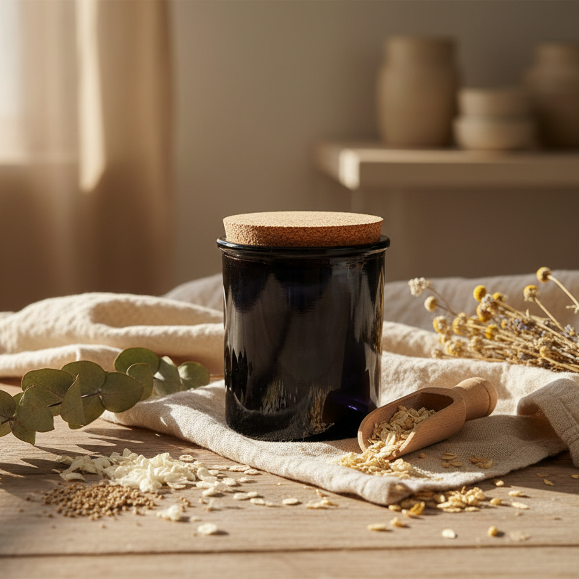 Black jar with cork lid on a wooden table with seeds and a wooden scoop.