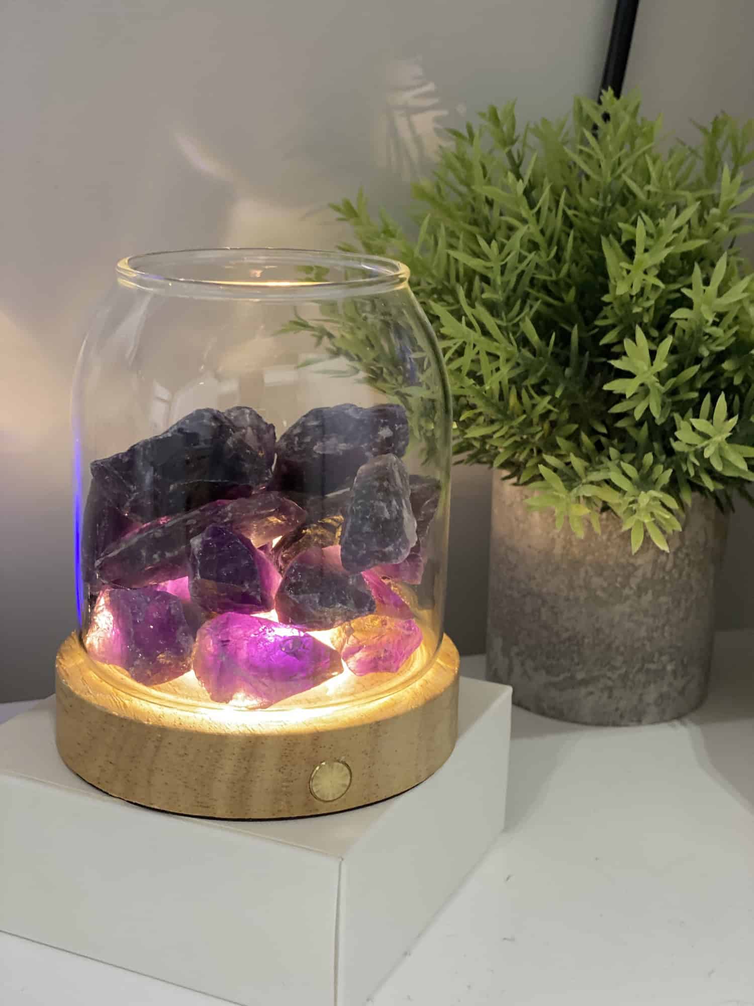 Scented Crystal Light Diffuser with Cordless USB Wooden Base - Amethyst Stones