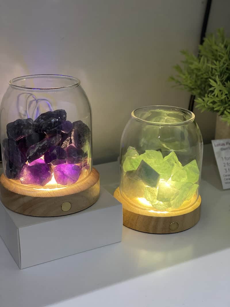 Scented Crystal Light Diffuser with Cordless USB Wooden Base - Amethyst Stones