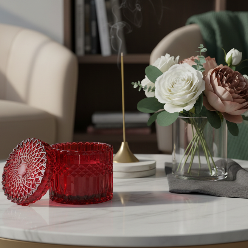 Red glass candle holder on a marble table with flowers and a candle in the background.