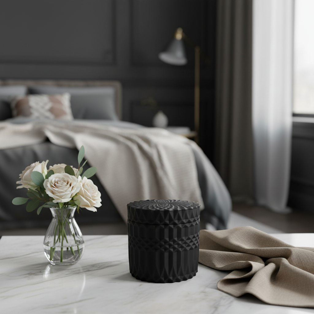 Matte Black textured candle and vase with white flowers on a marble surface in a bedroom setting.