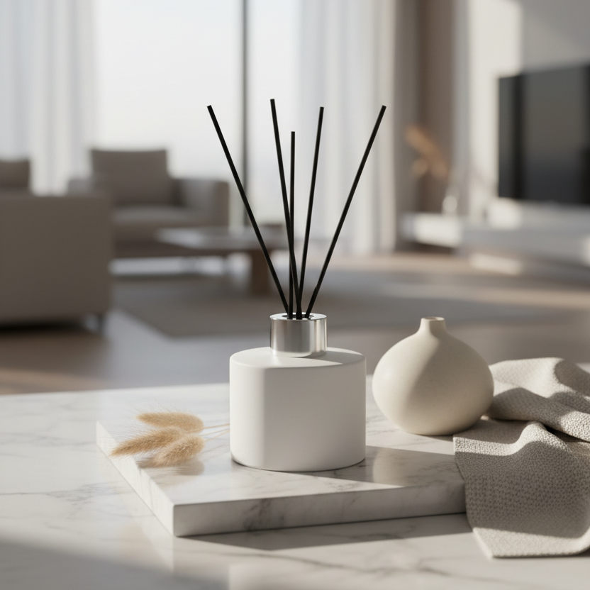 White diffuser with black sticks on a marble surface in a modern living room.