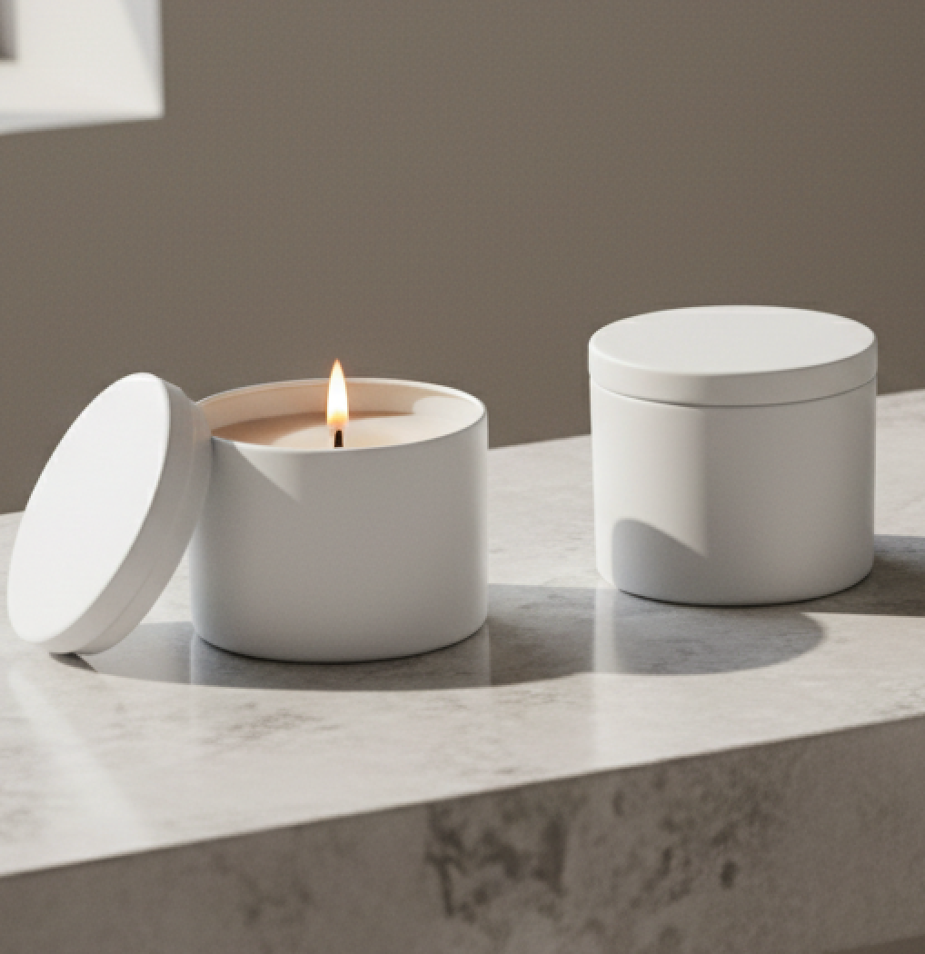 White candle in a container on a marble surface with a plain background