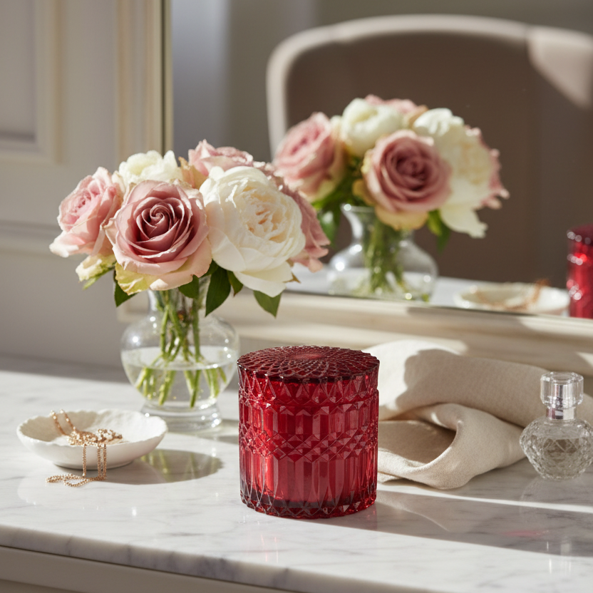 Red candle on a marble surface with flowers and a mirror in the background