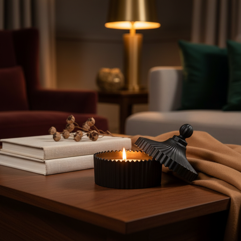 Candle on a wooden table with books and decorative items in a cozy living room setting.