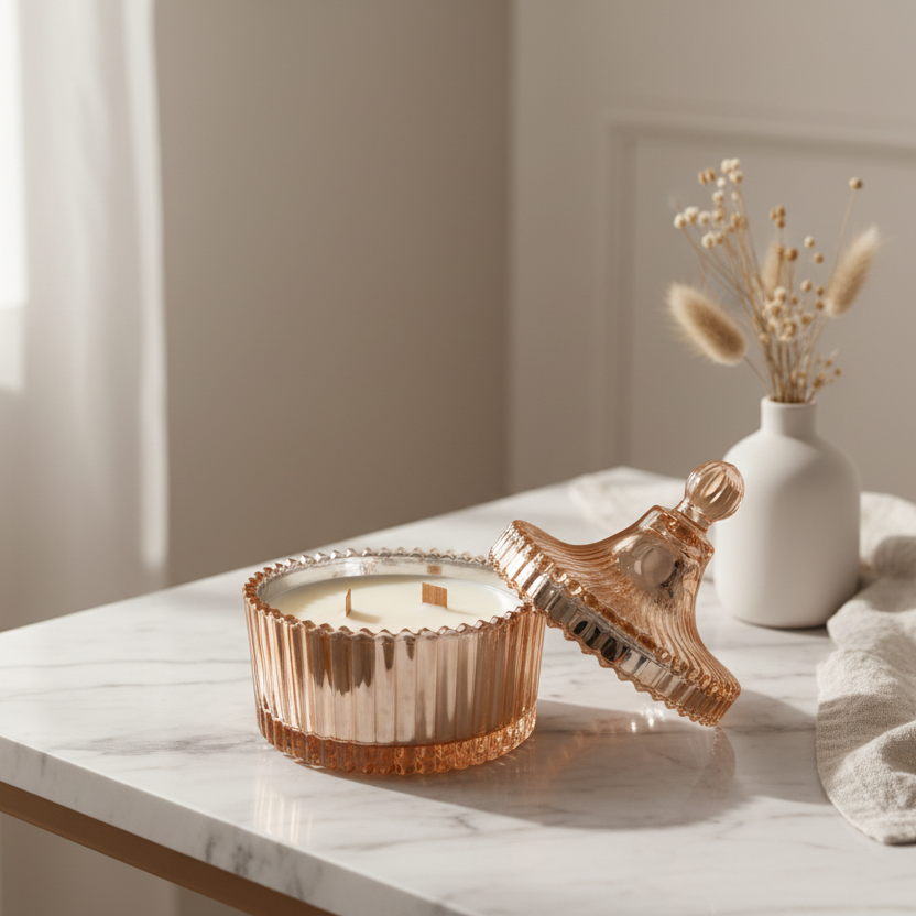 Candle in a decorative holder on a marble surface with a vase of dried flowers in the background.