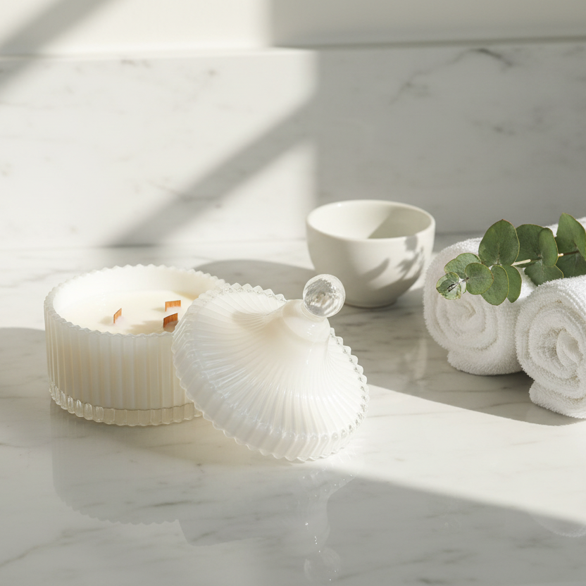 White candles and towels on a marble surface with eucalyptus leaves.