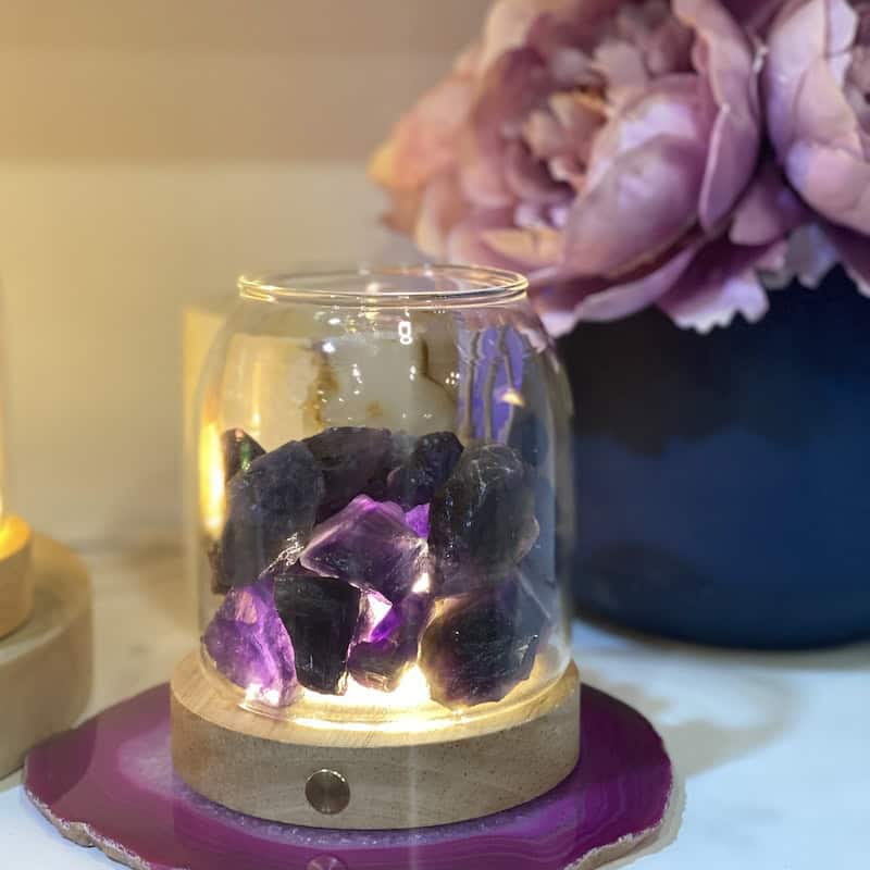 Scented Crystal Light Diffuser with Cordless USB Wooden Base - Amethyst Stones