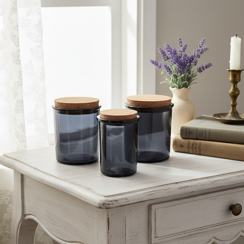 Decorative table with glass jars, a candle, and books in a home setting.