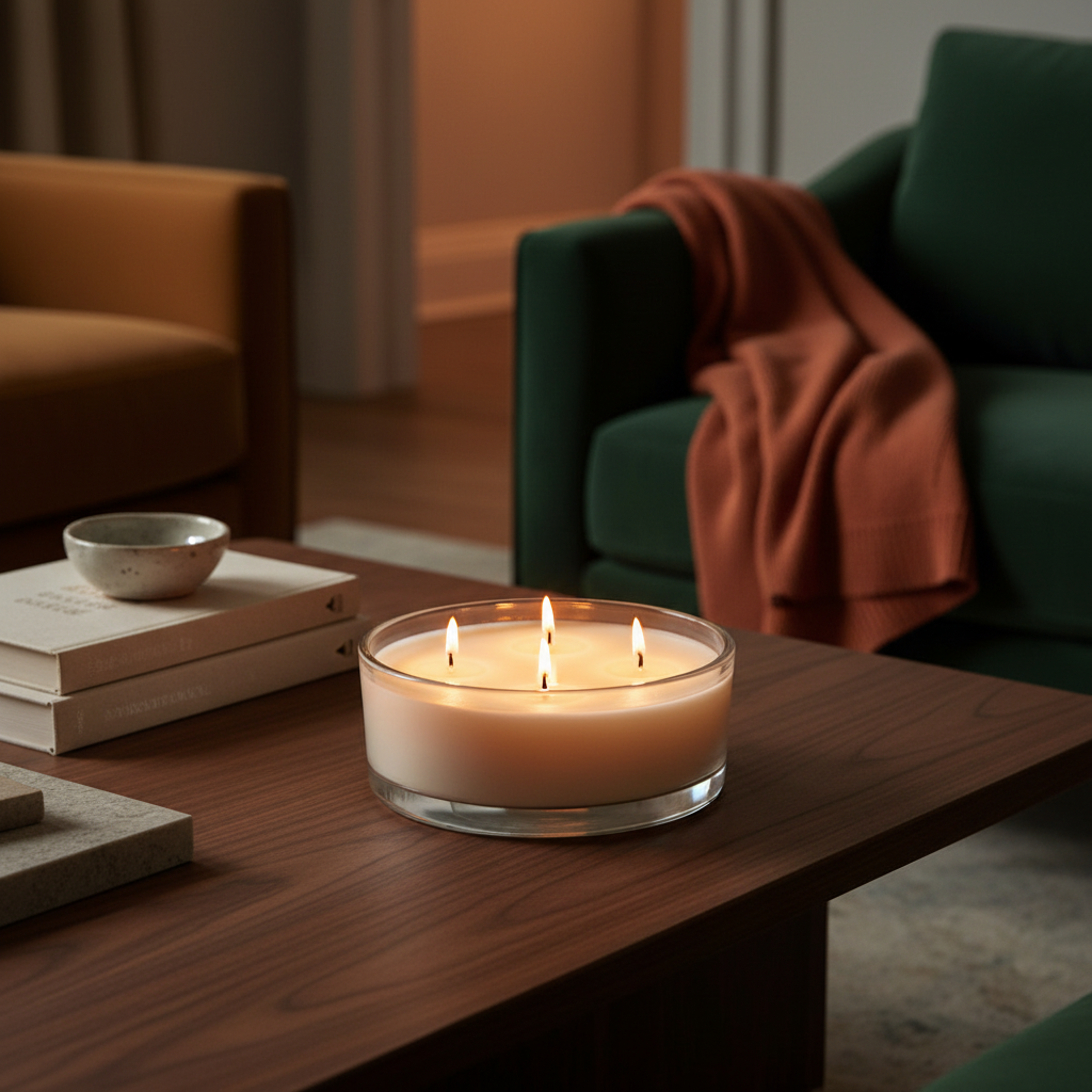 Candle on a wooden table with a cozy living room background