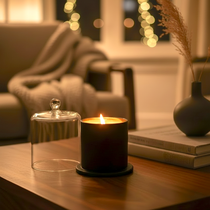 Candle on a table with a cozy living room background glassware Imports
