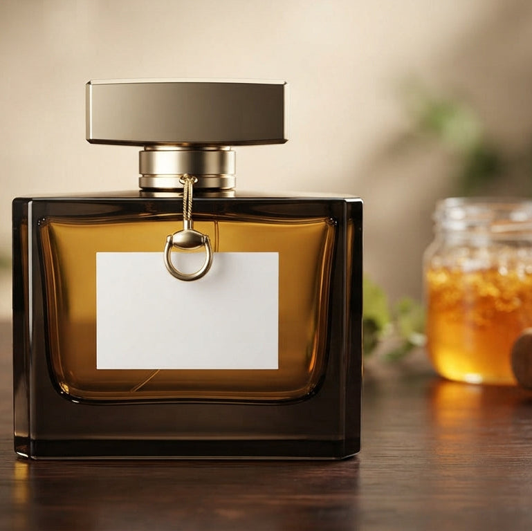 A dark amber glass perfume bottle with a blank white label and a metallic cap, set on a wooden table with a honey jar and dipper in a warm, blurred background.